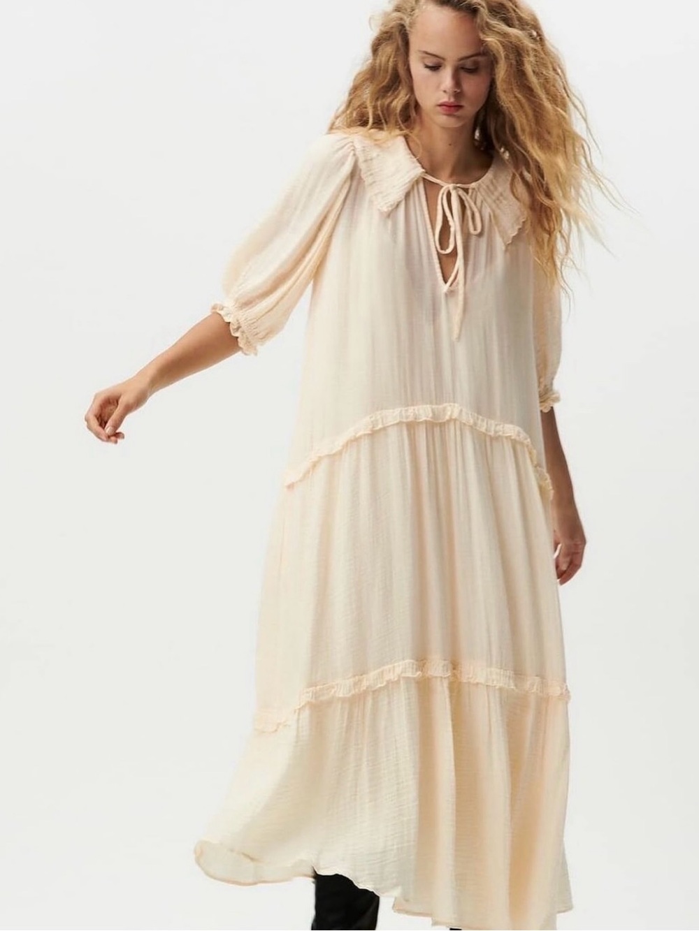 ZARA Tiered Midi Dress Boho Embroidered Vanilla Size Small